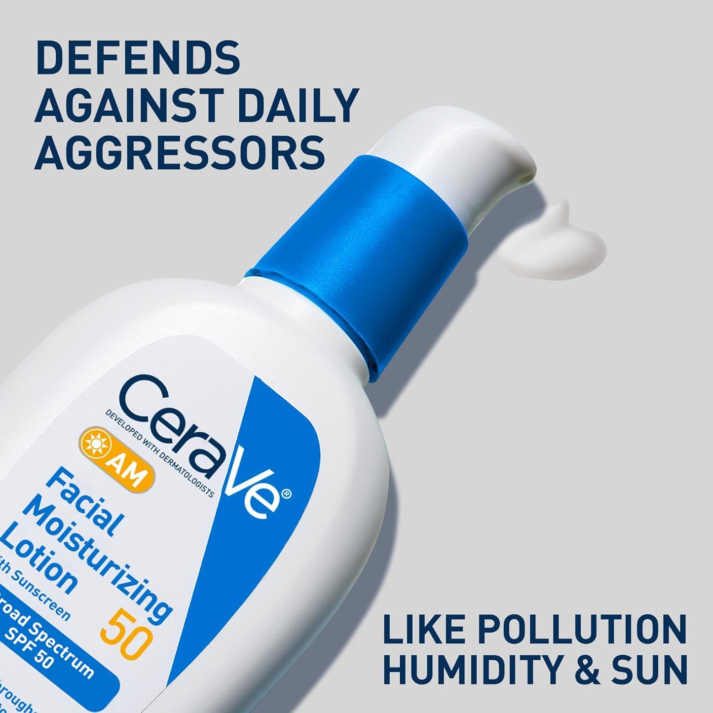 AM Facial Moisturizing Lotion SPF 50, Face Moisturizer with SPF, Hyaluronic Acid, Niacinamide & Ceramides, Non-Greasy, Blends Seamlessly with No White Cast, Non Comedogenic Sunscreen, 3 Oz