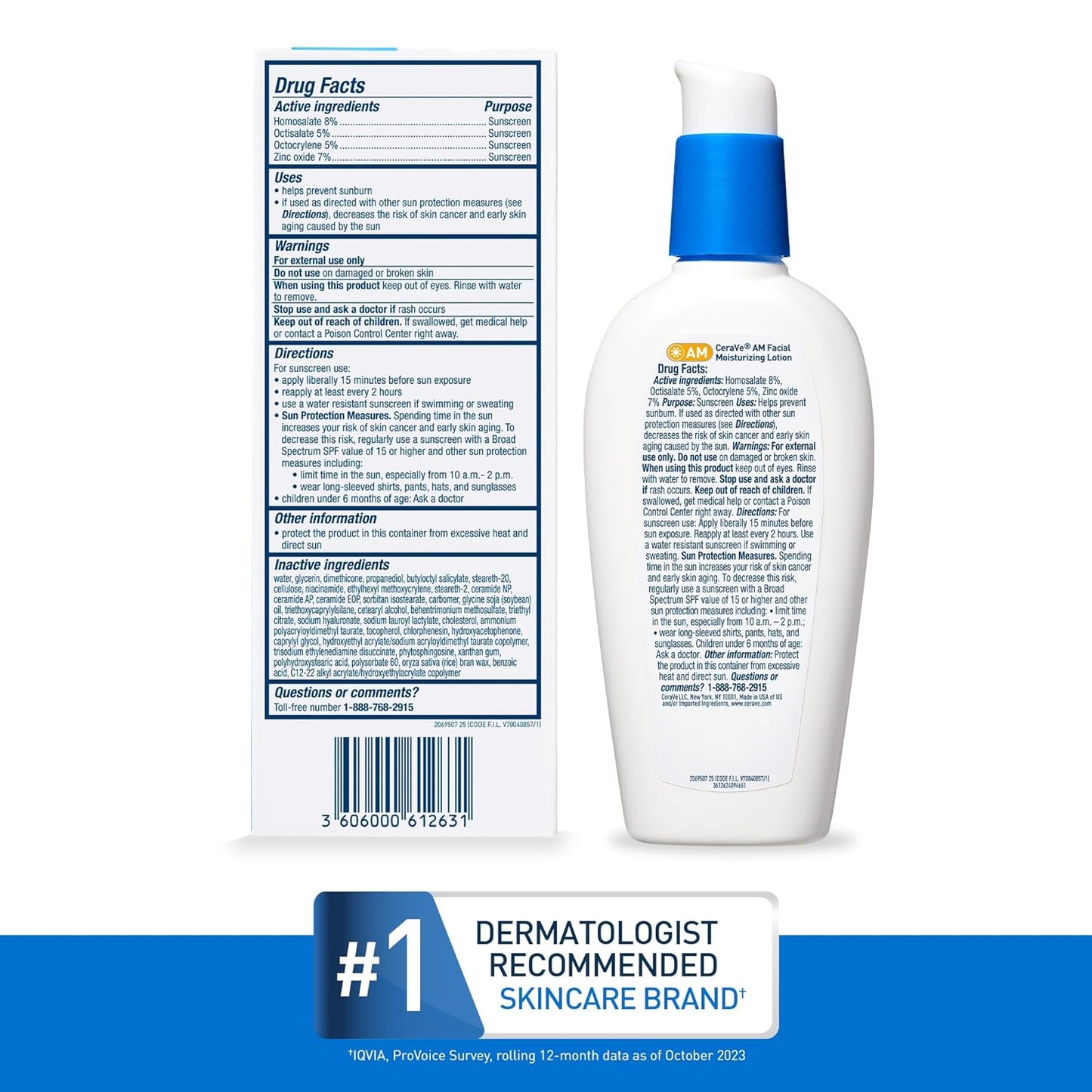 AM Facial Moisturizing Lotion SPF 50, Face Moisturizer with SPF, Hyaluronic Acid, Niacinamide & Ceramides, Non-Greasy, Blends Seamlessly with No White Cast, Non Comedogenic Sunscreen, 3 Oz